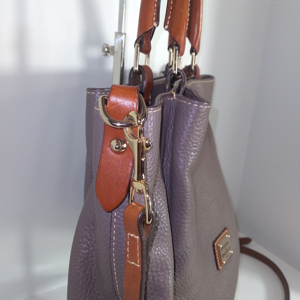 Authentic Dooney & Bourke Brenna Pebble Grain Grey & Brown Leather  Satchel - Picture 6 of 16